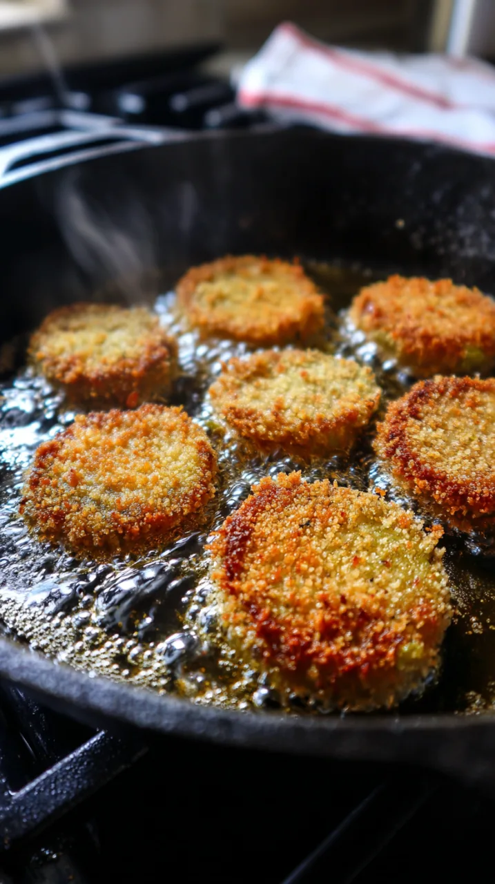 fried green tomatoes frying in hot oil in black cast iron skillet