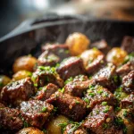 garlic butter steak bites and crispy golden potatoes in a cast iron skillet