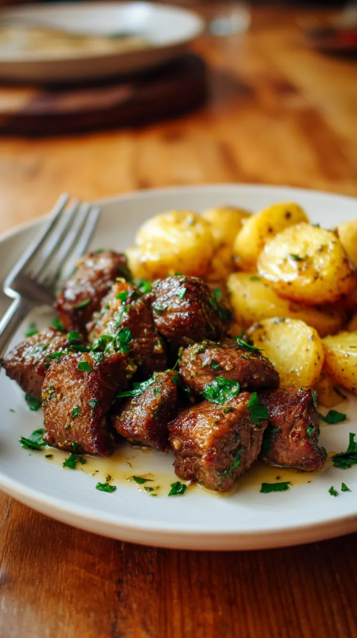 garlic butter steak bites and golden potatoes served on a white ceramic plate with a small drizzle of Dijon butter on top