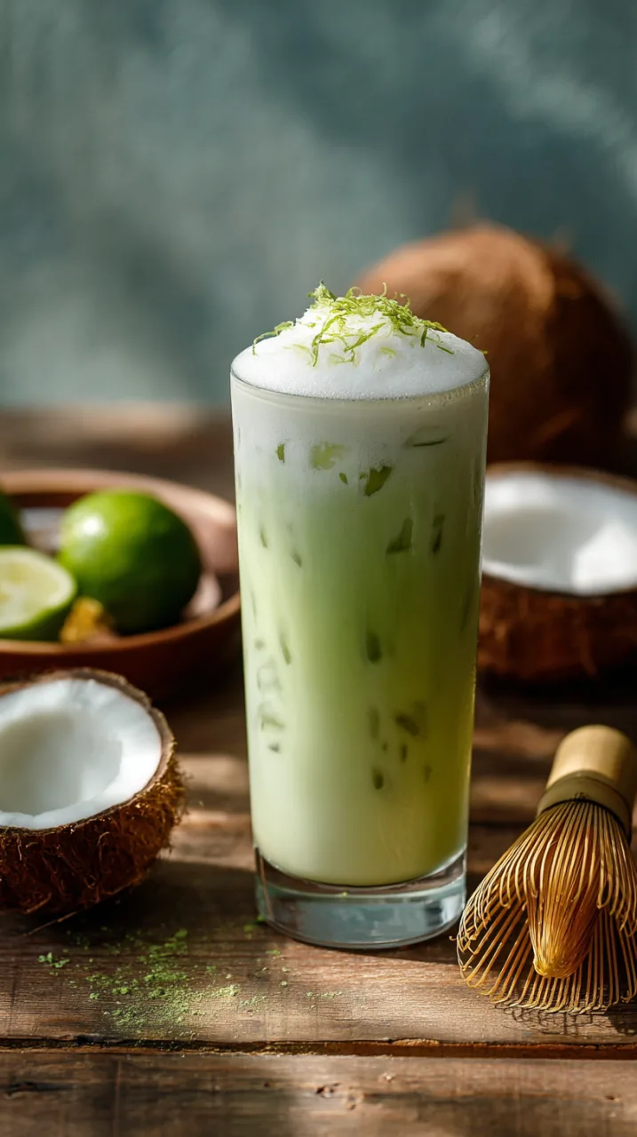 glass of iced coconut matcha cooler