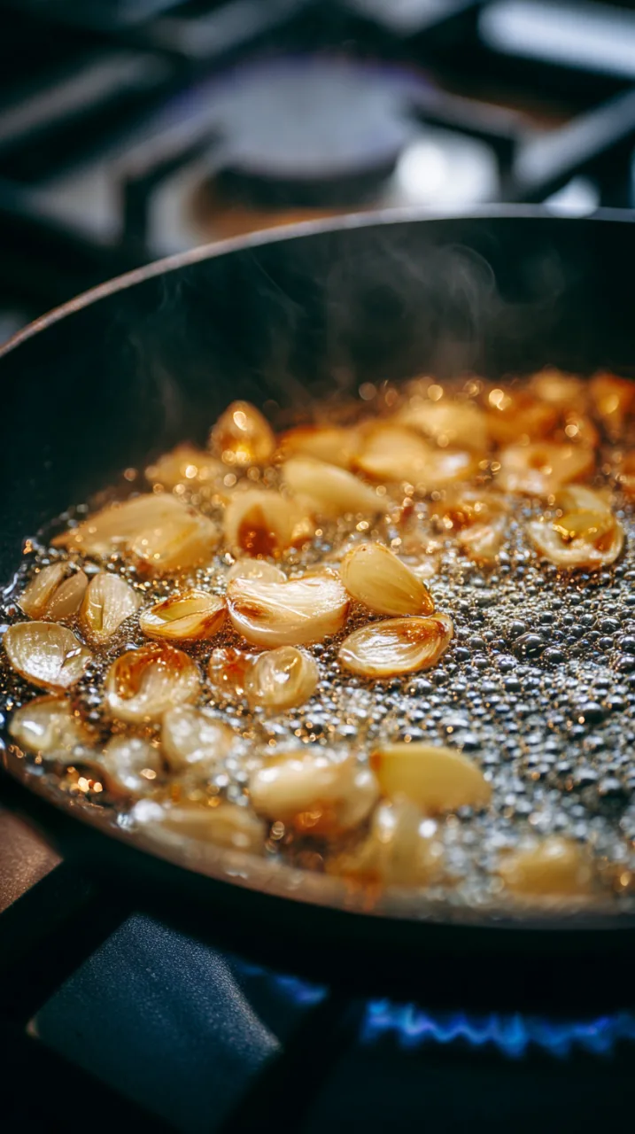 golden garlic and shallots frying in oil in a small pan