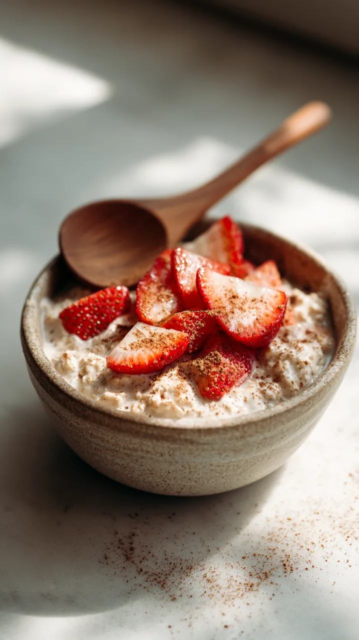 horchata overnight oats in a small bowl, topped with sliced strawberries and a light dusting of cinnamon