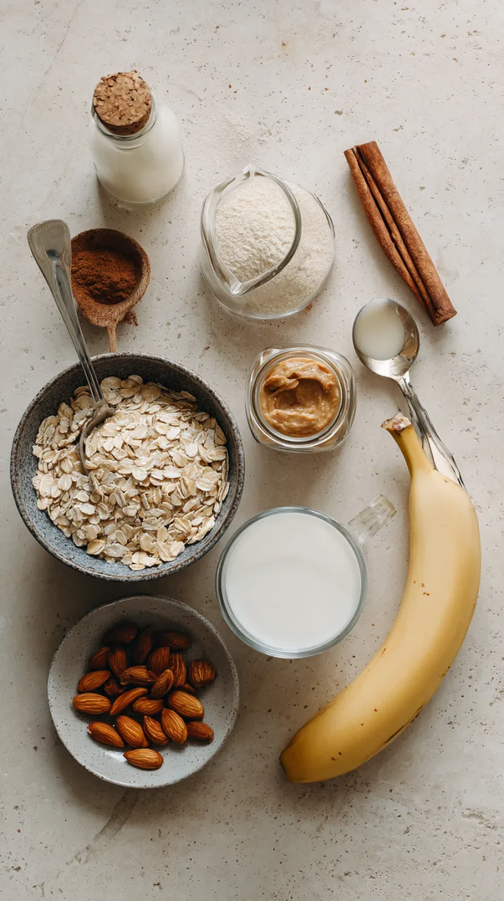 horchata overnight oats ingredients arranged on a kitchen counter