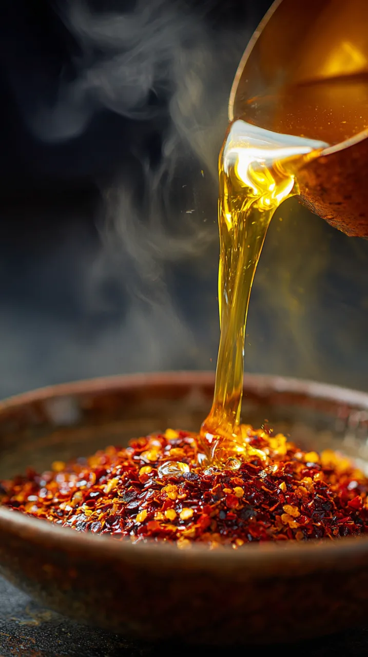 hot oil being poured from a saucepan into a chili flake mixture