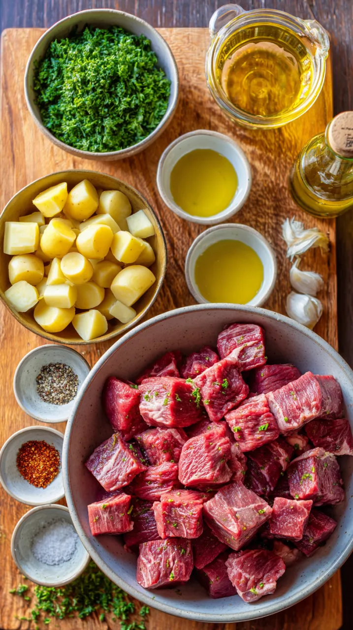 how to prep garlic butter steak bites and crispy potatoes