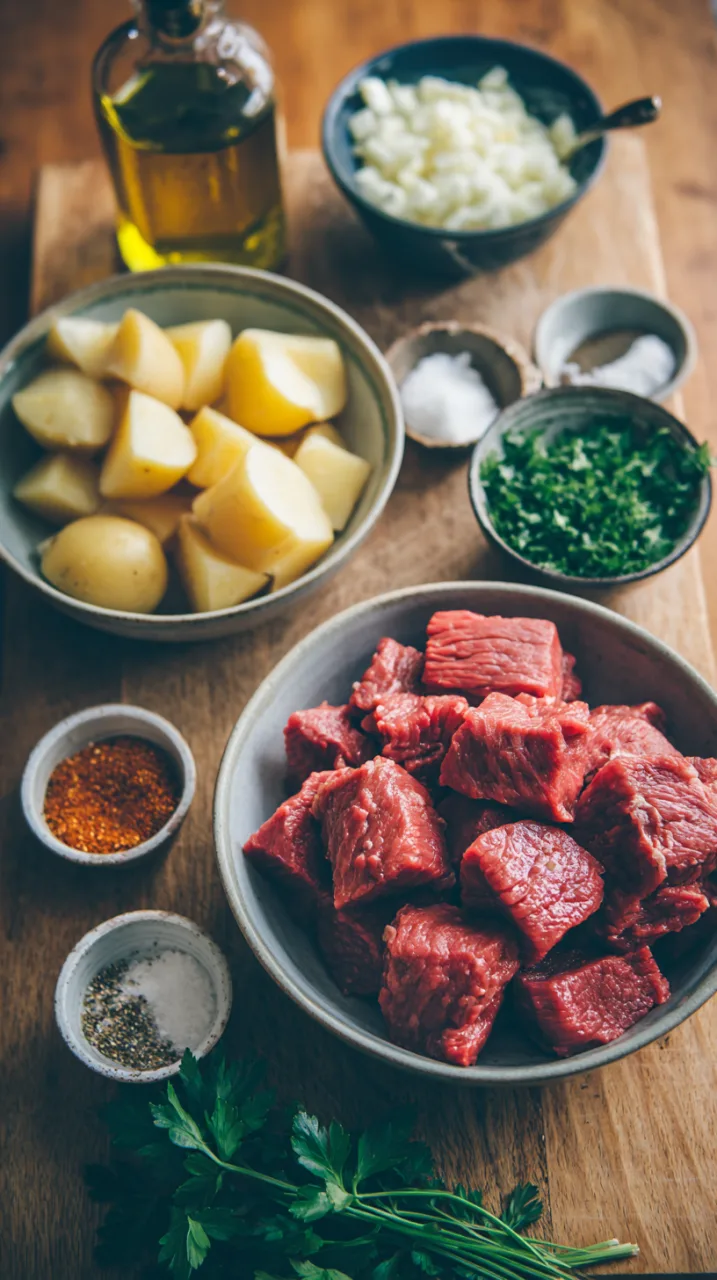 ingredients to make garlic butter steak bites and golden potatoes
