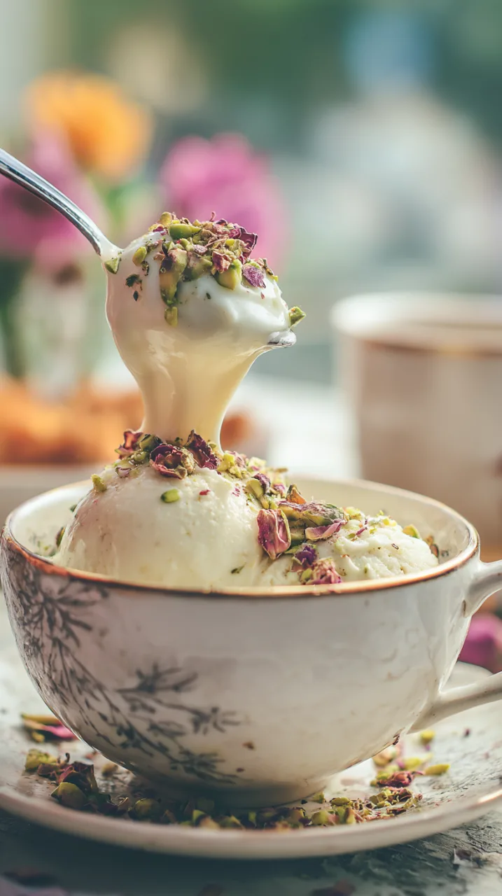 macro close-up of homemade booza ice cream with orange blossom and rose water