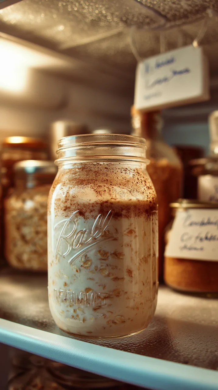 mason jar filled with horchata overnight oats inside a fridge