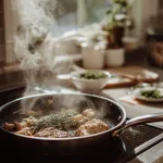 sauté pan on a modern stovetop. Herb-roasted chicken cooking in real-time, steam rising, with dried oregano sprinkled mid-cook.