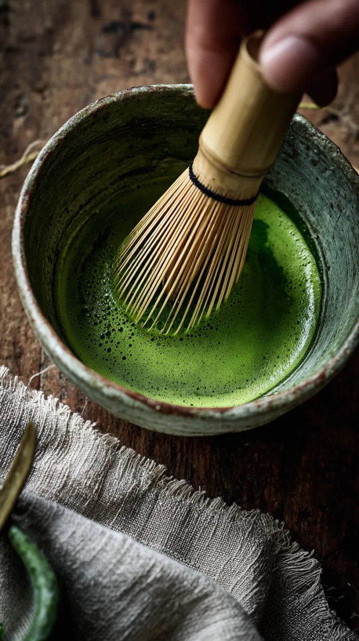 small ceramic bowl with vivid green matcha paste being whisked
