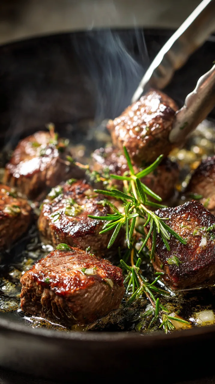 steak bites being seared in a cast iron skillet