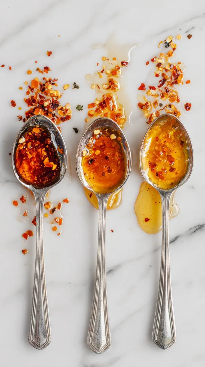tasting spoons labeled mild, medium, and spicy, each holding different shades of hot honey