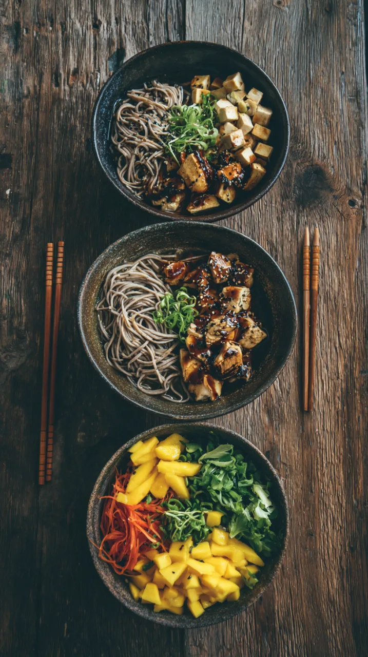 three mini soba bowls with different toppings