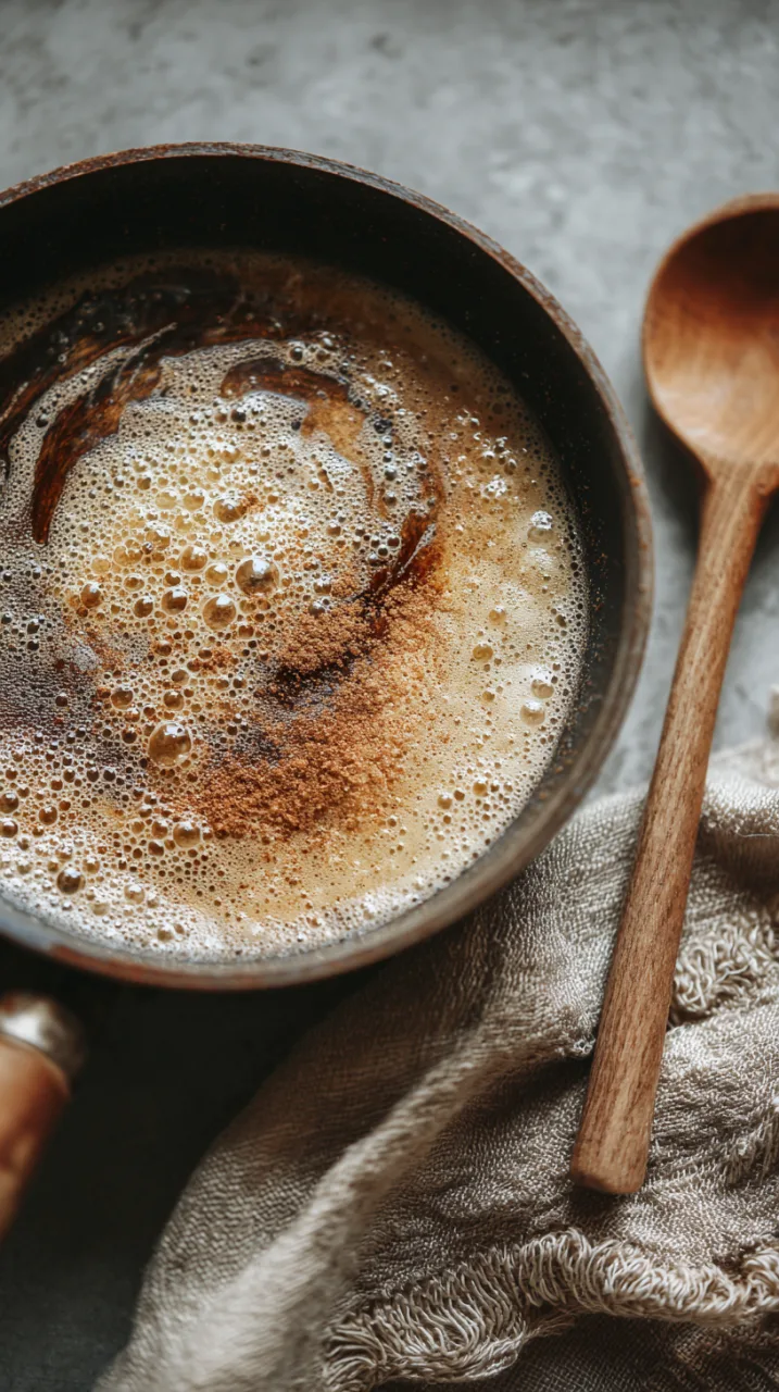 small pan with browned butter bubbling, golden foam, sprinkle of cinnamon added,