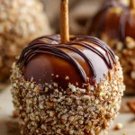 caramel apple rolled in finely crushed salted pretzels at the base, caramel glossy and smooth, light drizzle of chocolate across the top, resting on parchment