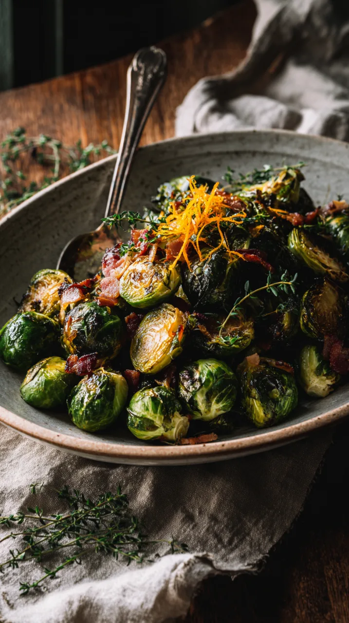 ceramic platter filled with maple roasted Brussels sprouts
