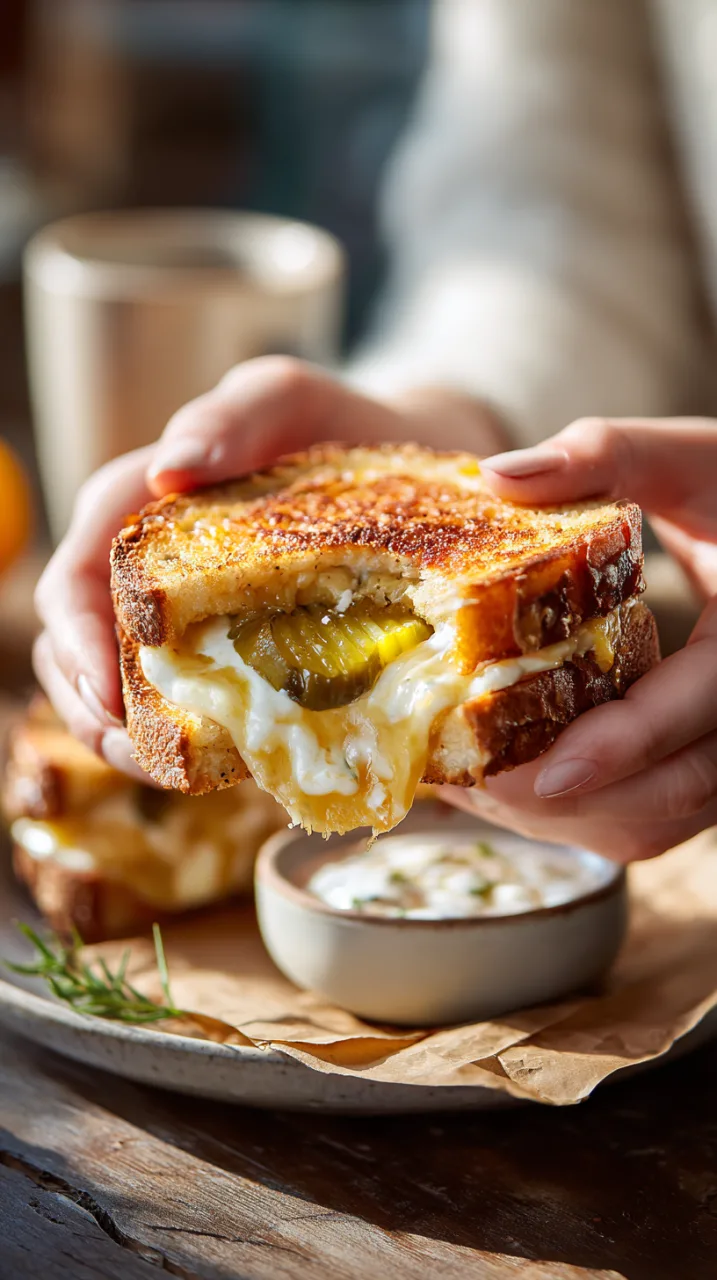 grilled cheese sandwich mid-bite with visible melted cheese and spicy pickle slice