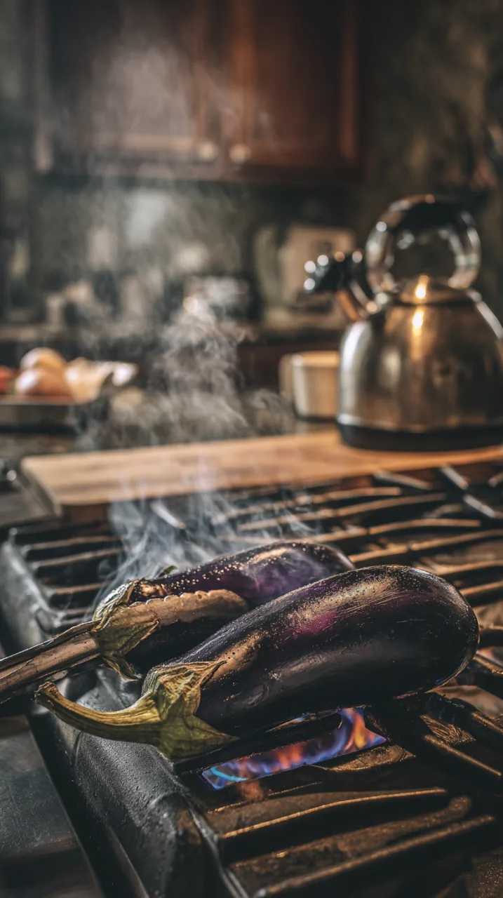 Eggplants roasting directly over a gas burner flame