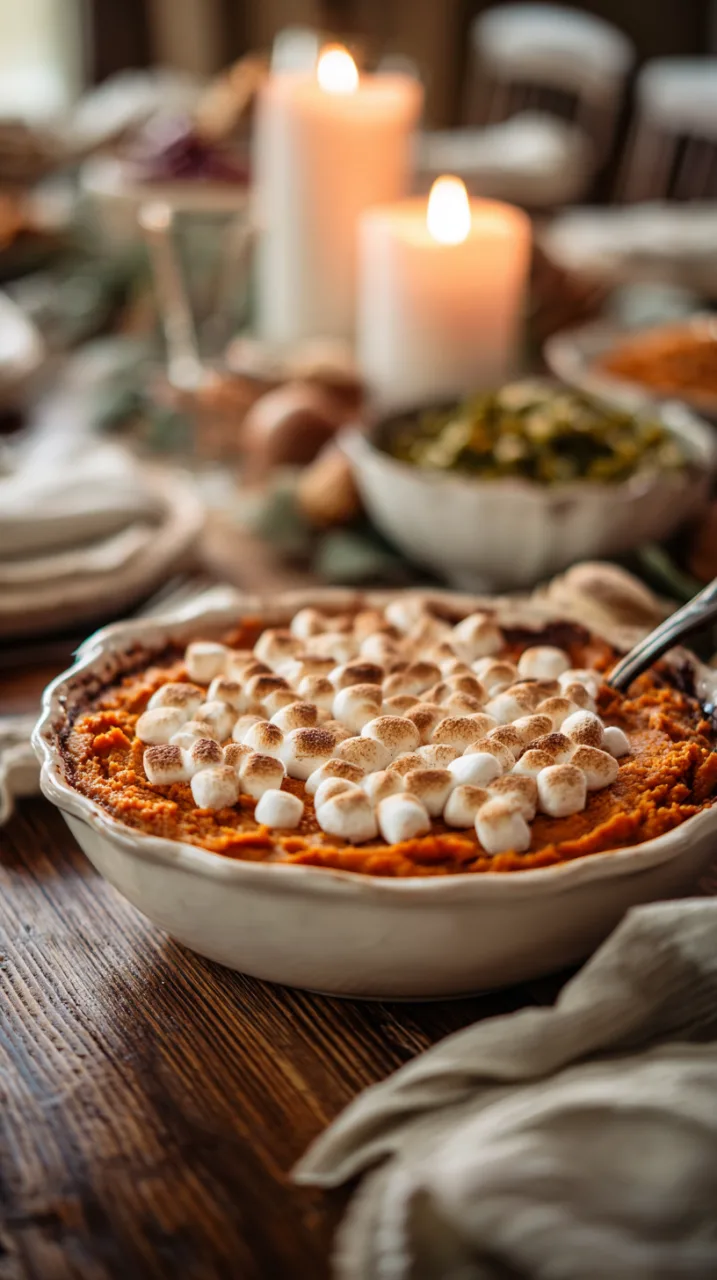 Family table with platter of sweet potato casserole
