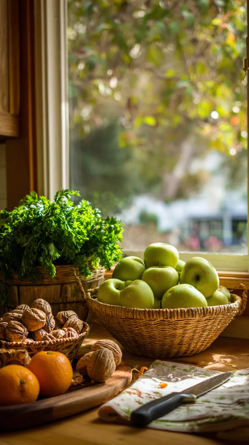 Home kitchen counter with a pile of Granny Smith apples, a basket of local pecans, fresh bunches of parsley