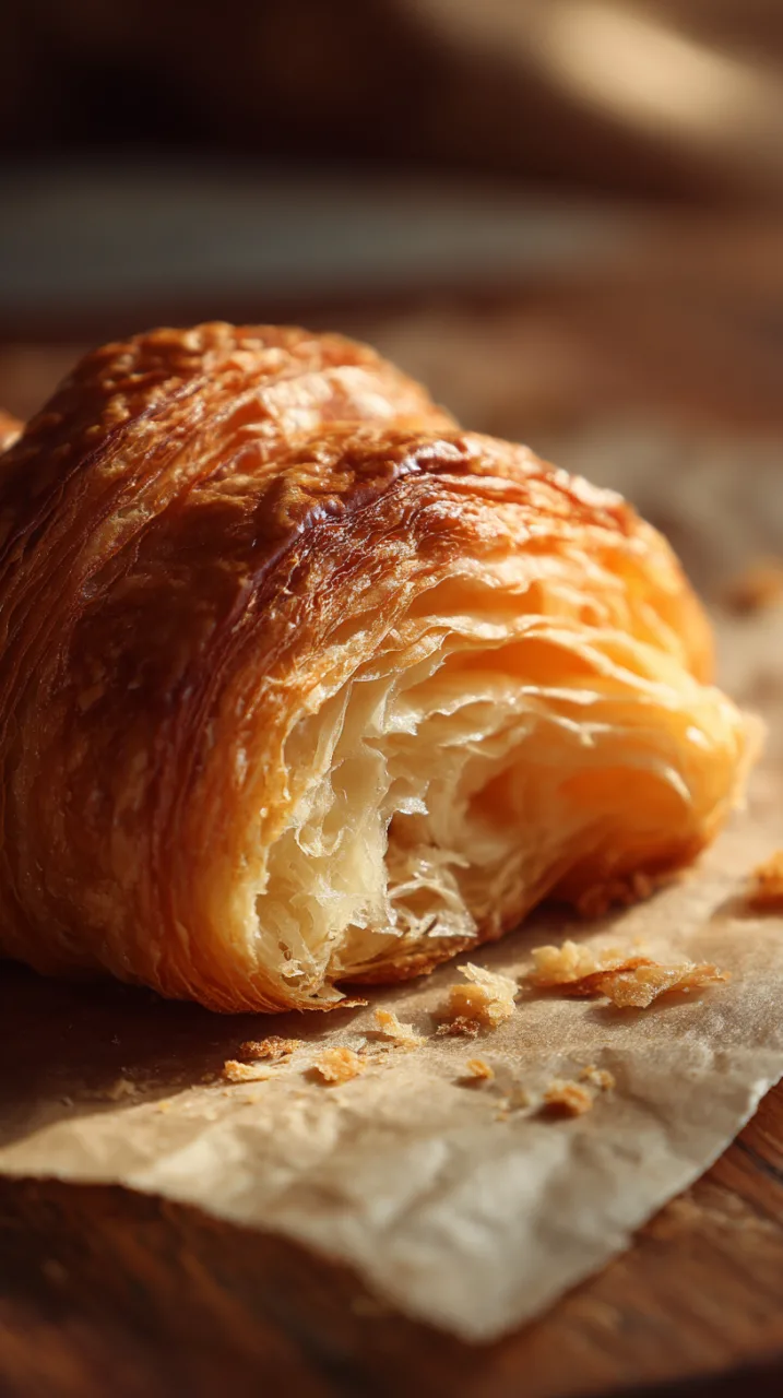 freshly baked homemade croissant torn open on parchment paper