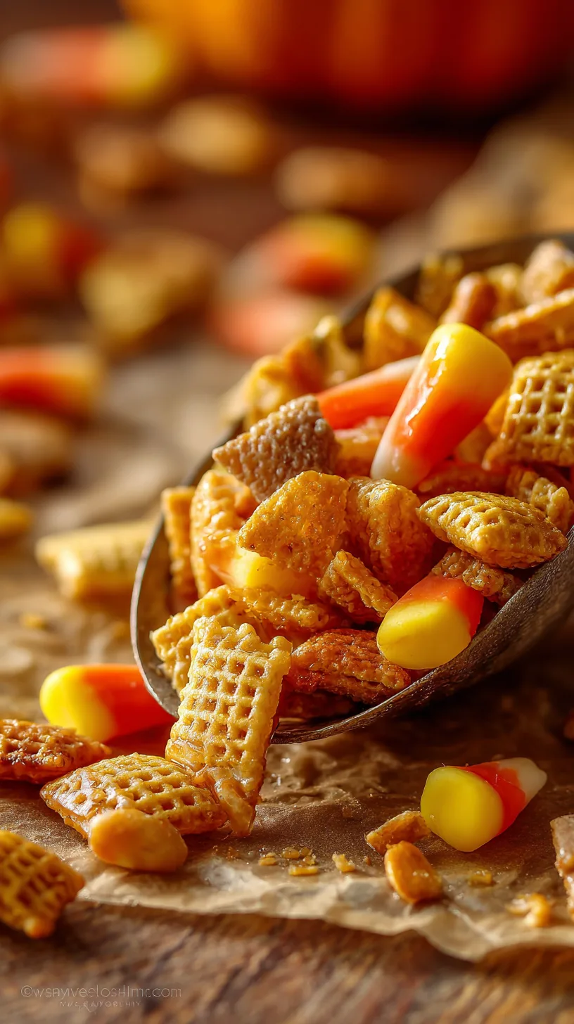 handful of fall Chex mix being scooped off parchment paper.