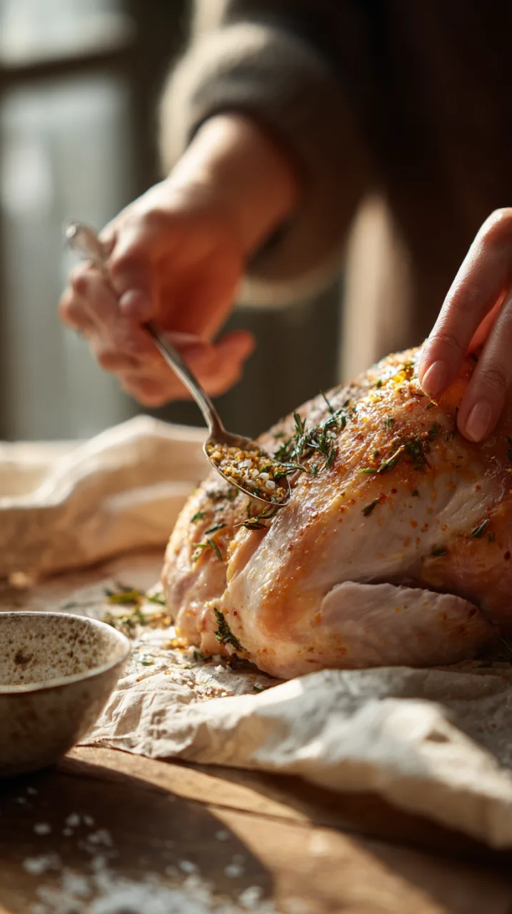 hands gently lifting turkey breast skin and sliding a teaspoon of simple herb rub underneath