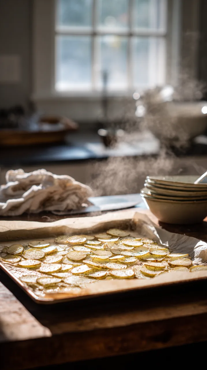sheet pan of par-boiled potato slices drying on parchment