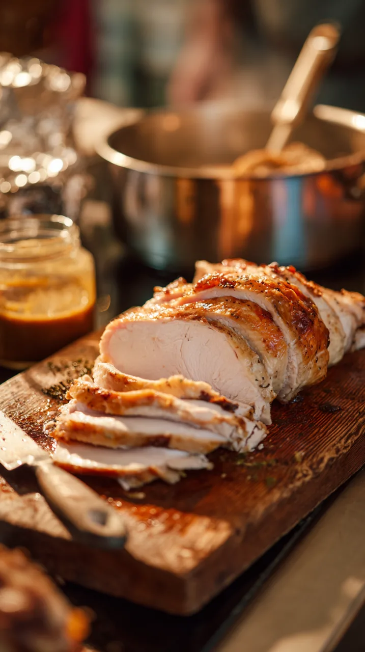 sliced turkey breast fanned on a well-used wooden board