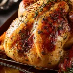 whole roasted turkey resting on a rack in a roasting pan