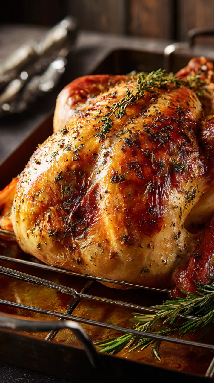 whole roasted turkey resting on a rack in a roasting pan