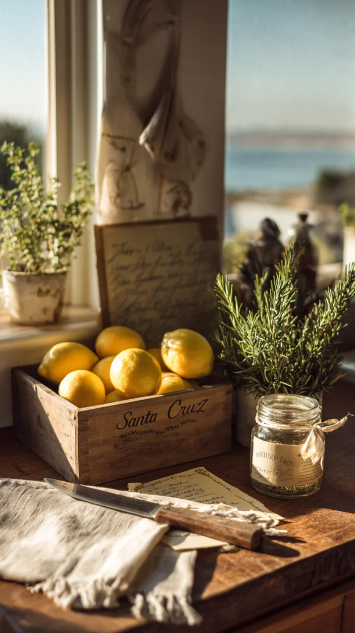wooden counter with a small crate of lemons labeled Santa Cruz, fresh rosemary sprigs, a jar of dried thyme