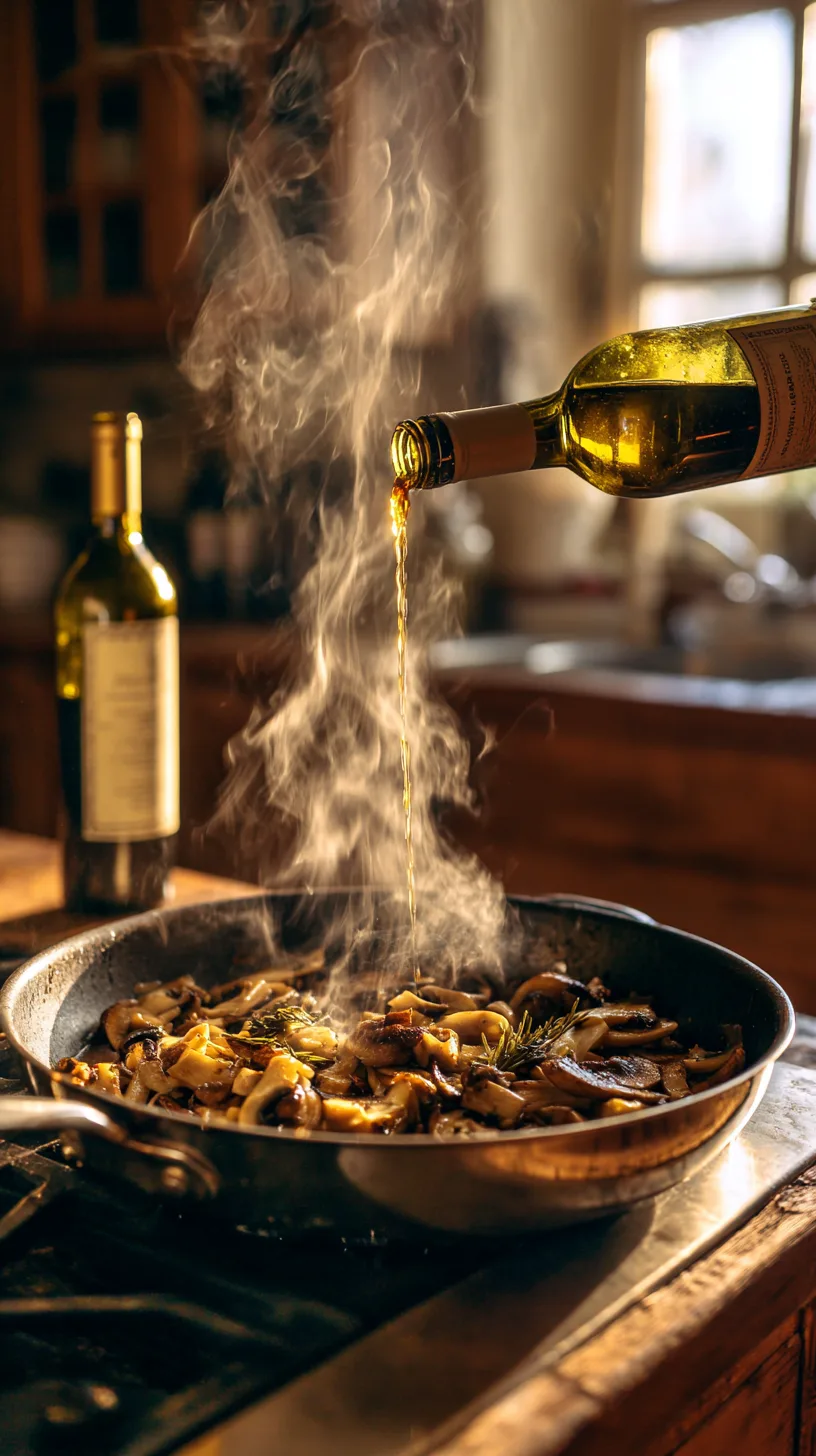 Marsala wine being poured into a hot skillet filled with mushrooms and garlic
