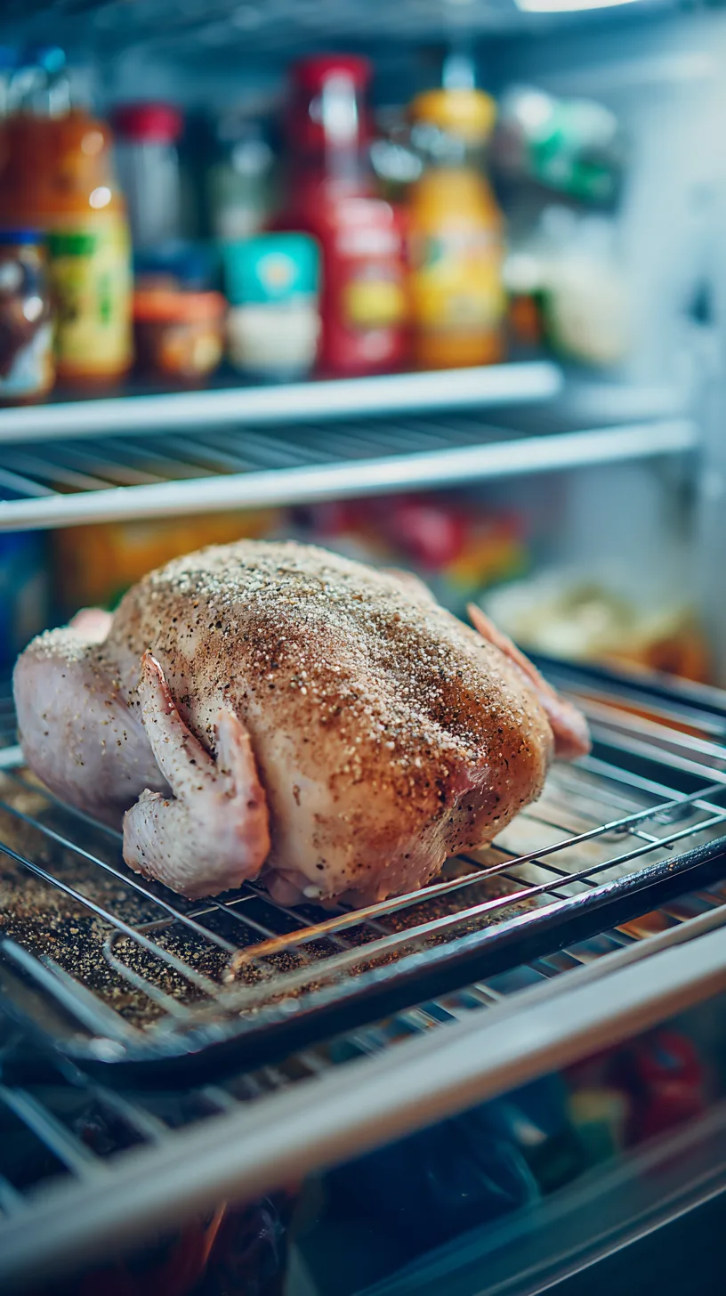 Uncooked turkey on a roasting rack set over a sheet pan, sprinkled with kosher salt and pepper, uncovered in a home fridge with shelves of everyday groceries