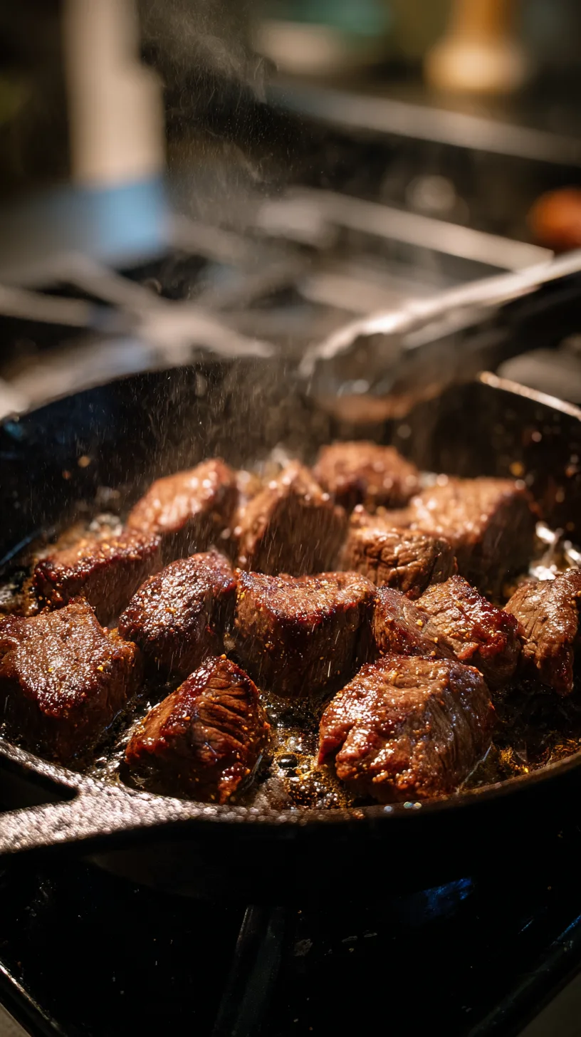 beef cubes sizzling in a cast-iron skillet