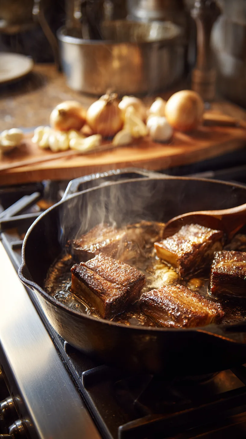 beef short ribs searing in a cast iron Dutch oven