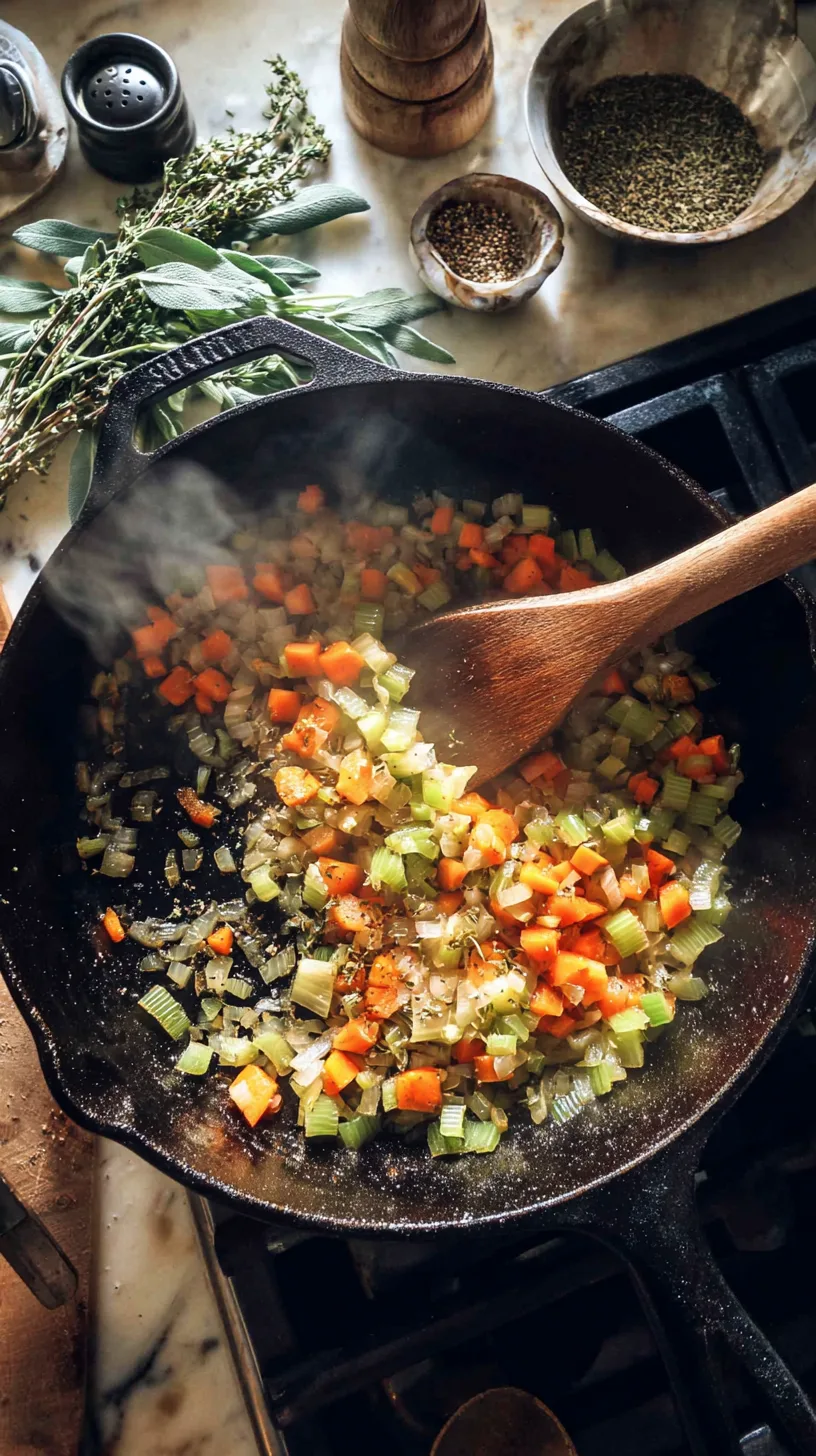 cast iron skillet on the stove with onion, celery, carrot, and garlic sizzling in olive oil.