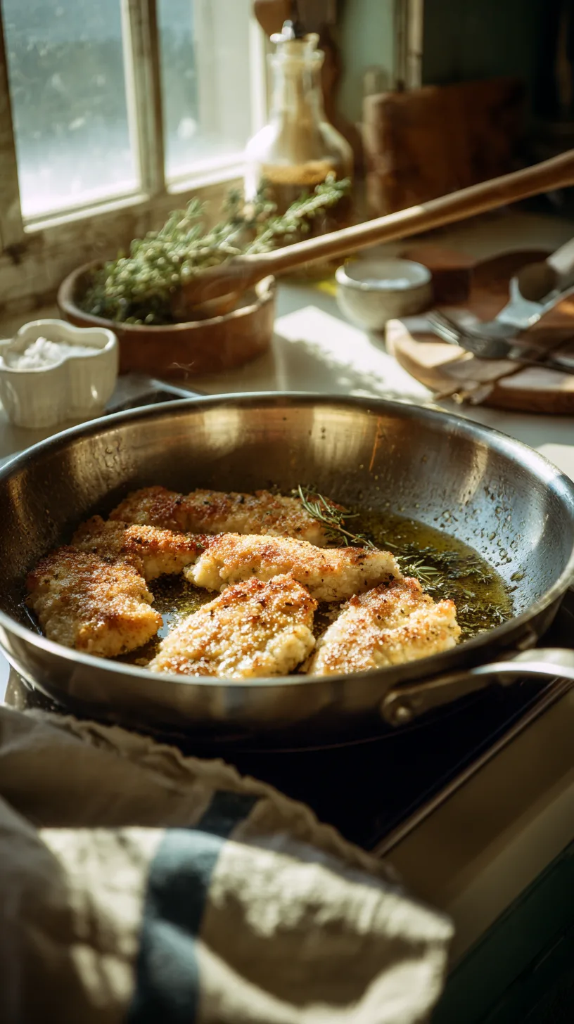 chicken cutlets searing in butter and olive oil