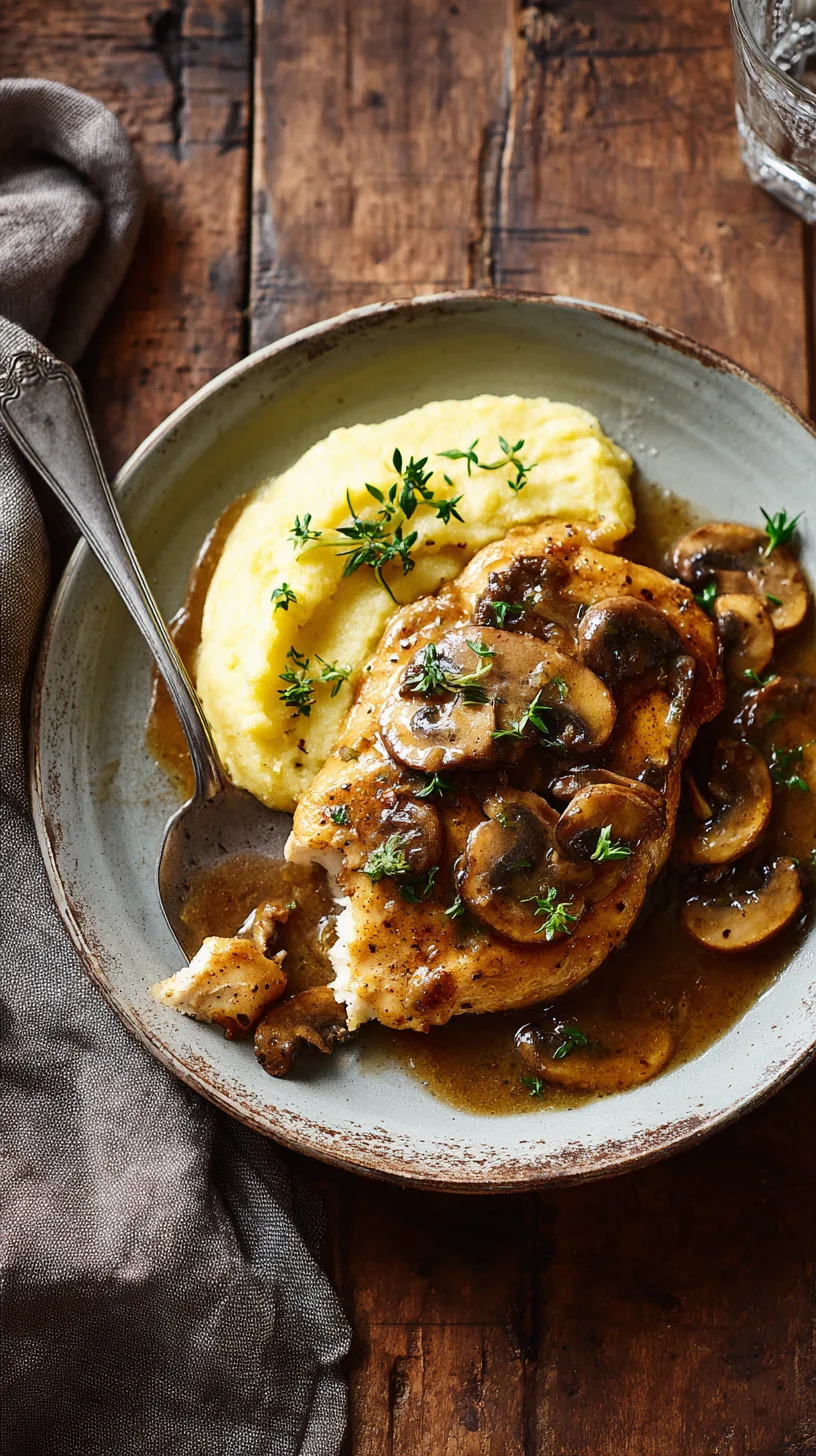 chicken marsala served on a ceramic plate with creamy polenta