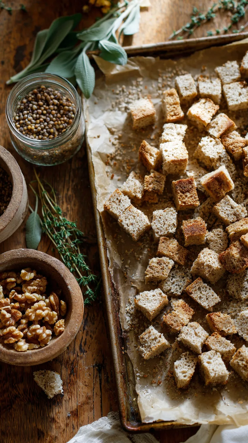 cubed whole-grain bread spread on a sheet pan lined with parchment