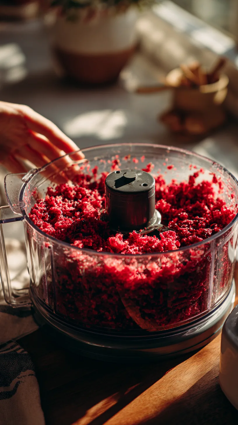 food processor bowl sitting on a kitchen counter filled with bright red chopped cranberry relish