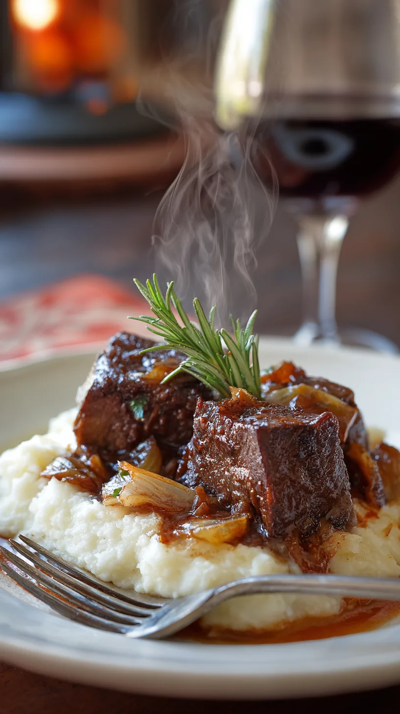 plate of braised short ribs spooned over mashed potatoes