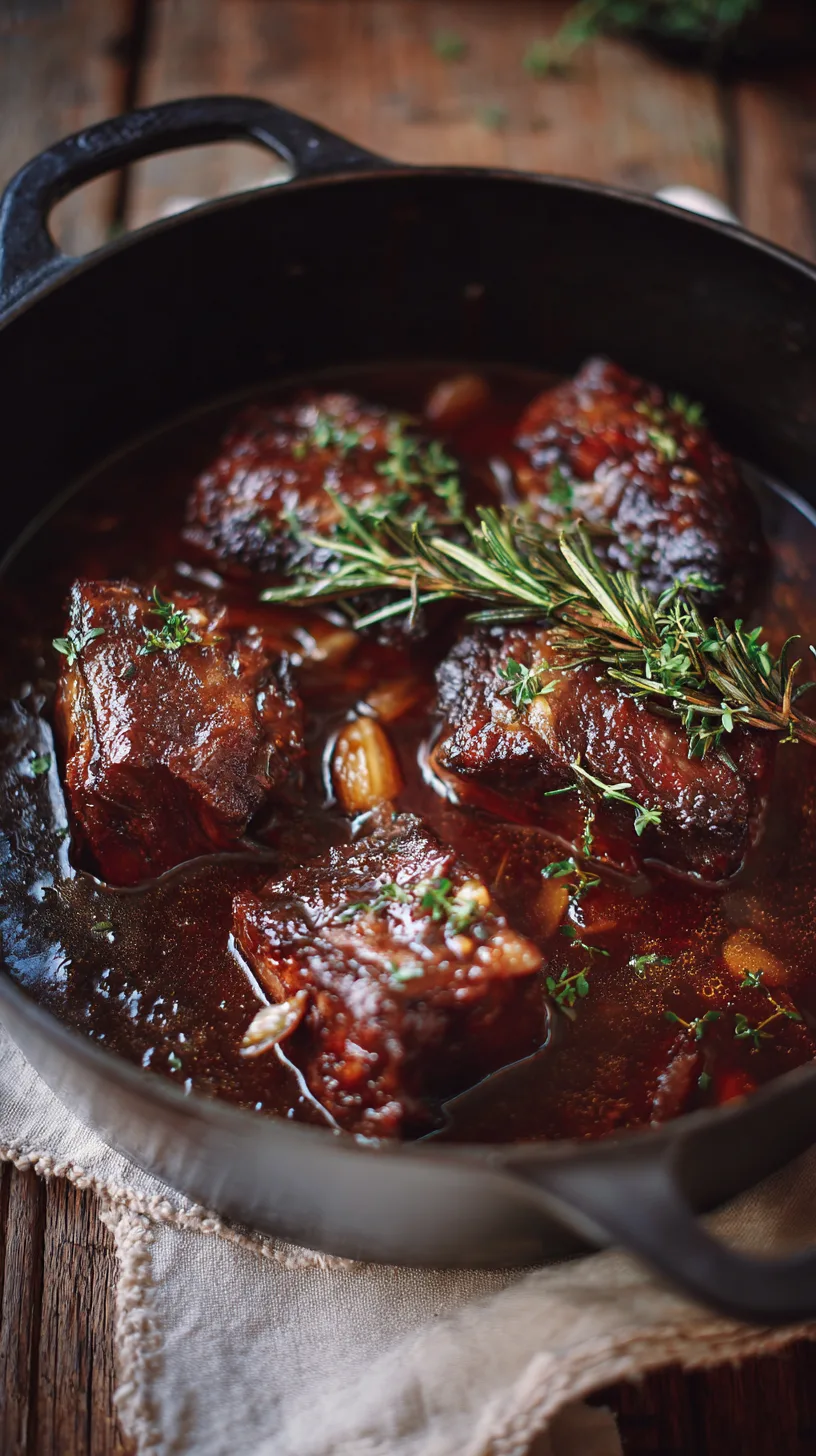 short ribs just out of the oven, sauce thick and glossy, cooked rosemary and thyme