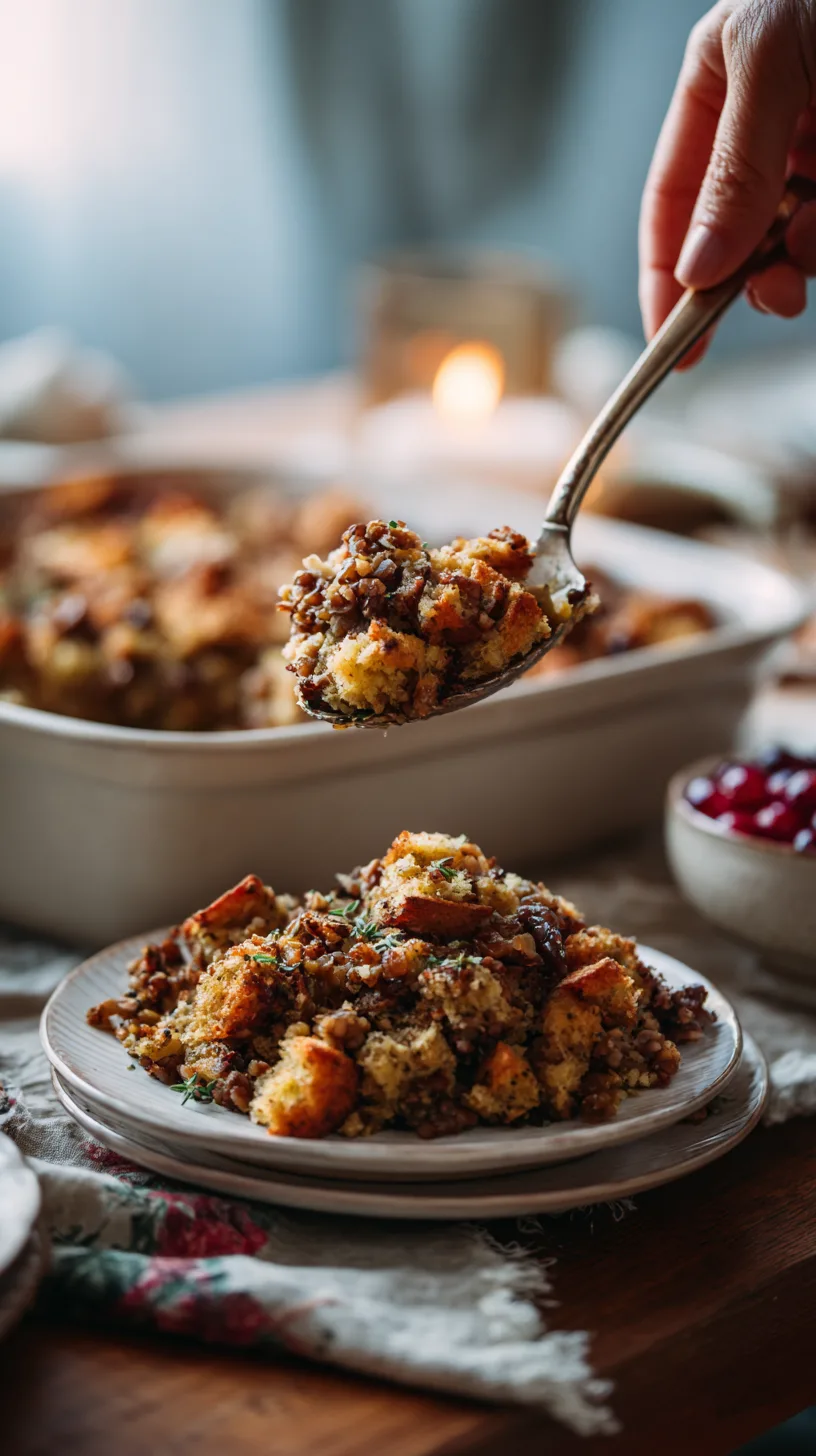 spoonful of vegan lentil and walnut stuffing