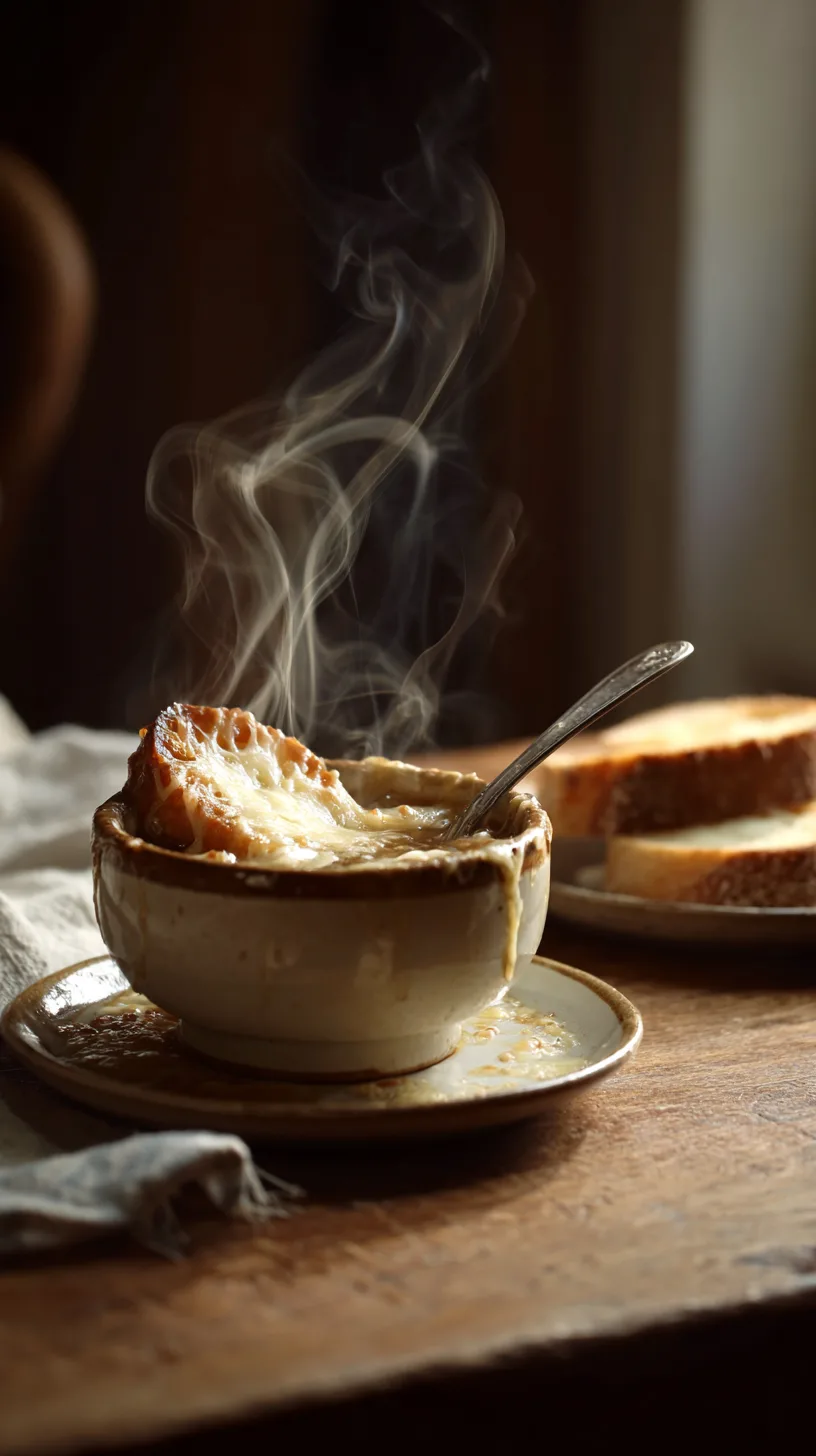 Warm bowl of french onion soup on a wooden kitchen table
