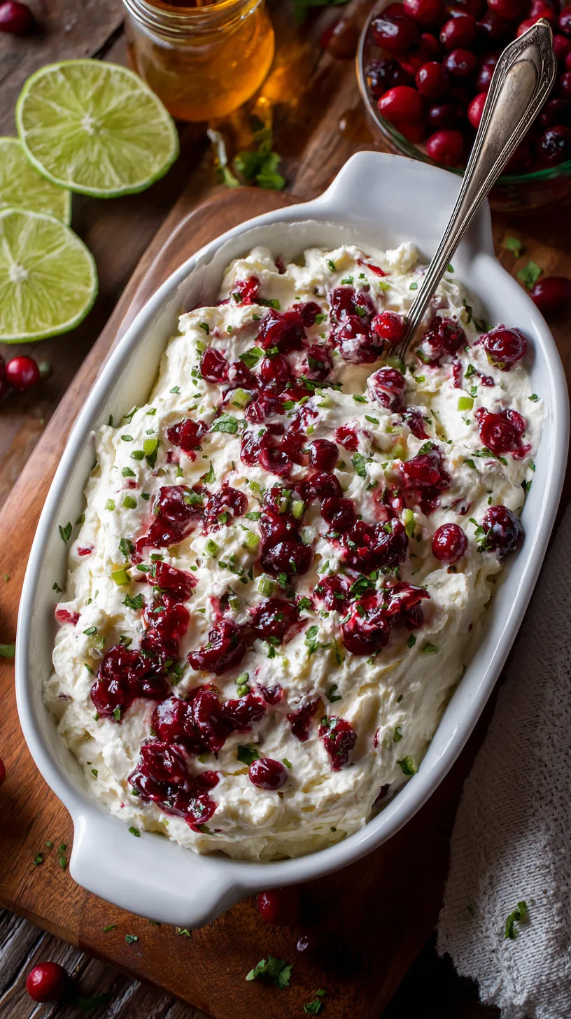 chunky cranberry jalapeño salsa over fluffy whipped cream cheese in a white serving dish