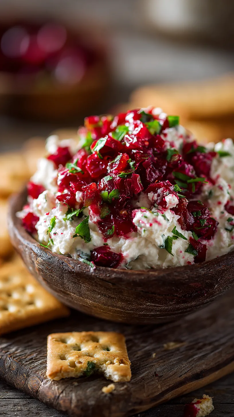 cranberry jalapeño dip with cream cheese on a rustic wooden kitchen counter