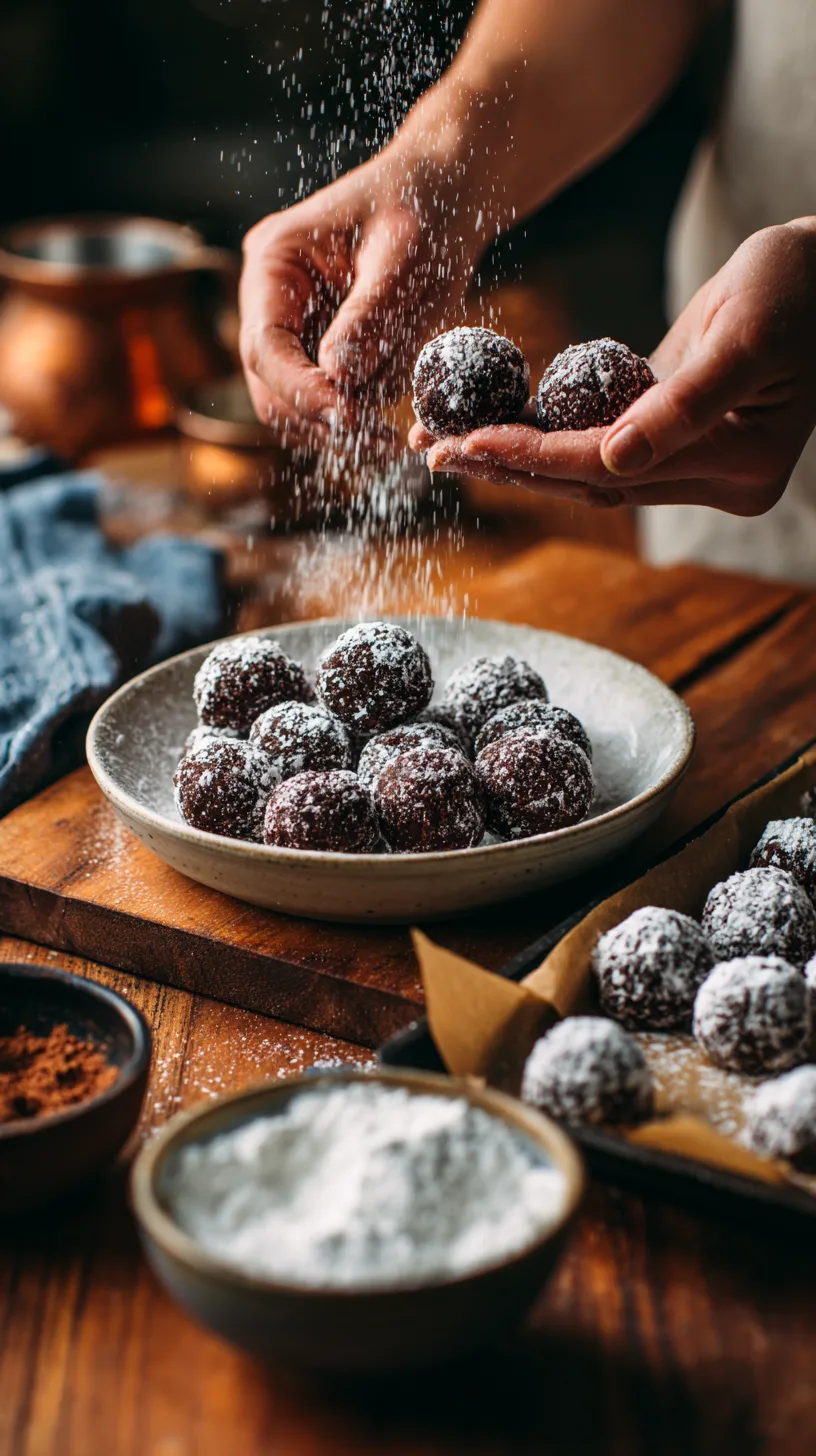 hands rolling dark dough balls for peppermint chocolate crinkle cookies in granulated sugar