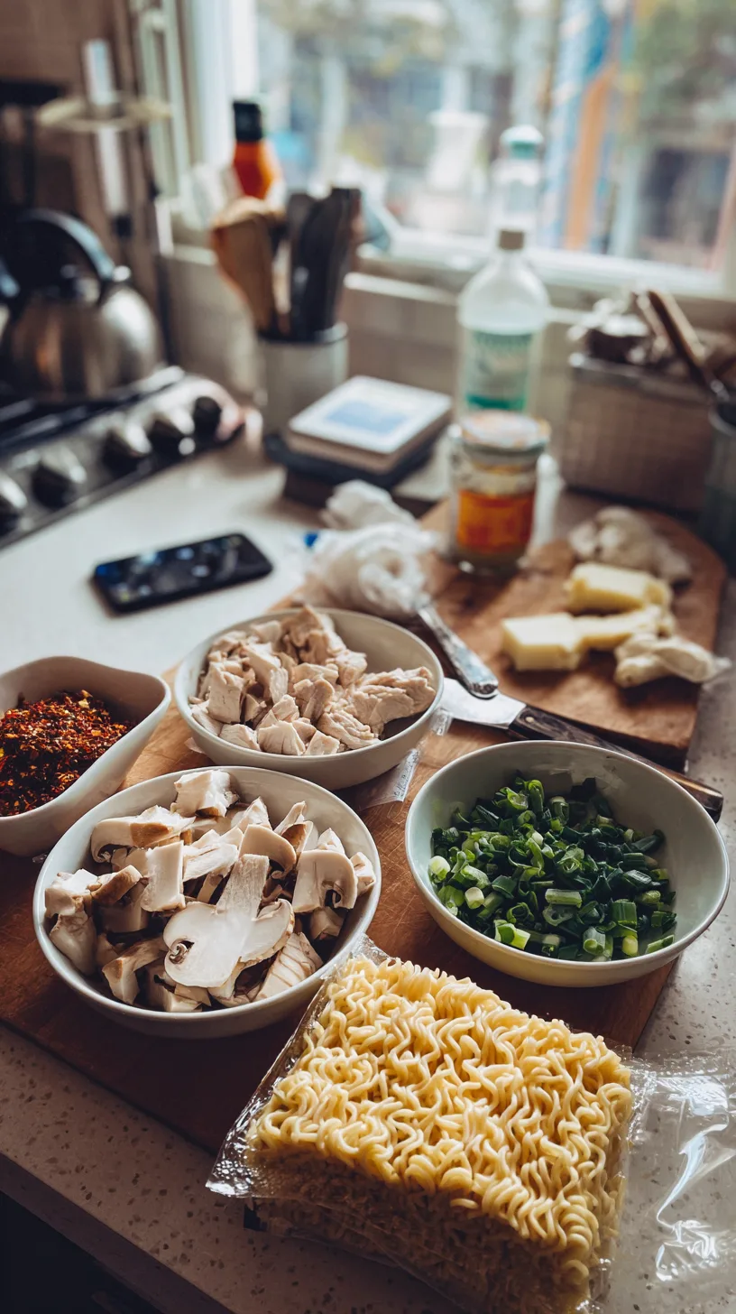 leftover turkey ramen ingredients spread out