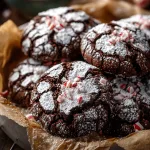 photograph of peppermint chocolate crinkle cookies on parchment paper,